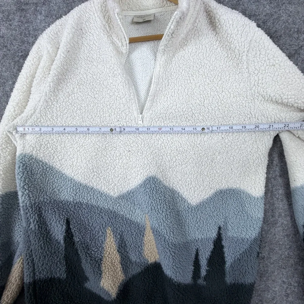 Hoodies Fleece Sherpa Jacket Mens Medium Blue Ivory Mountain Graphic 1/4 Zip